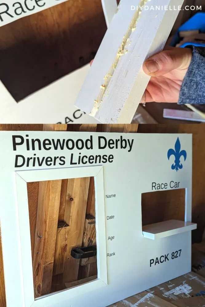 Gluing on a board to the DIY peep board so that there is a place to display your Pinewood Derby car.