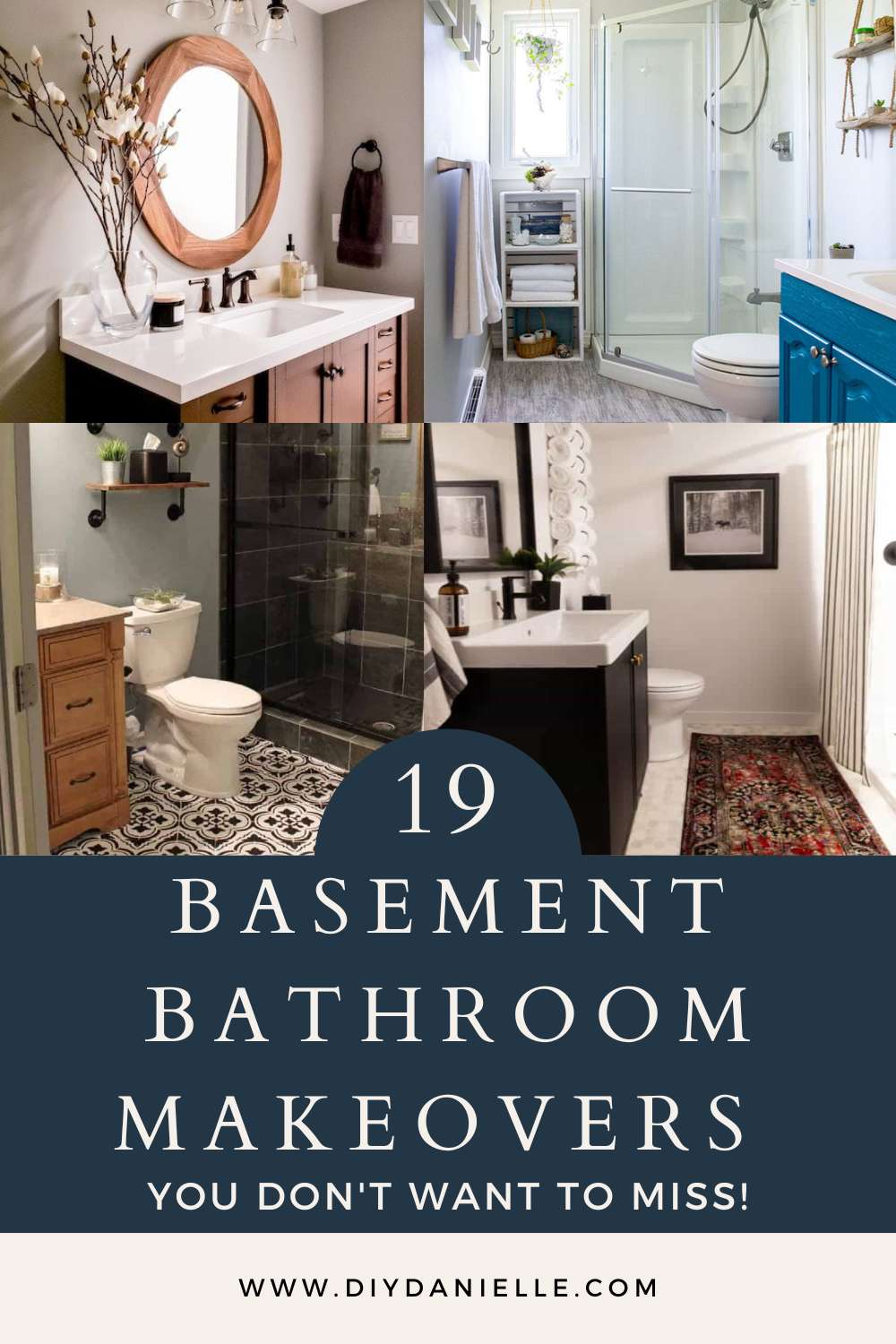 basement bathroom makeovers pin with text