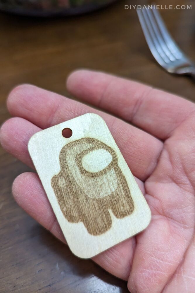 Among Us character engraved on a wood tag using the xTool M1 Laser Engraver, 10W