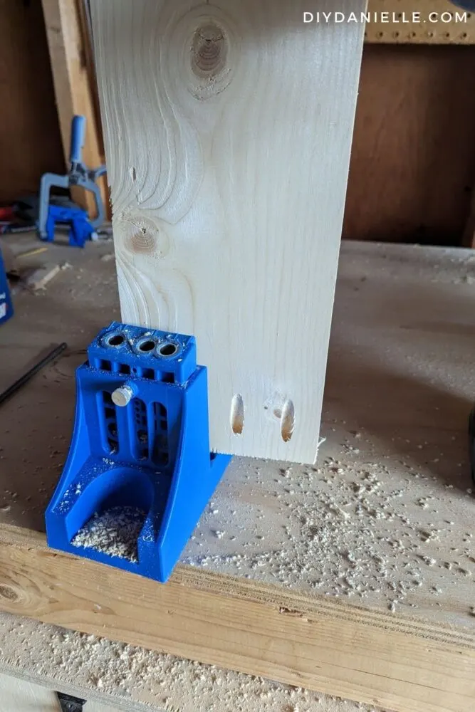 Adding pocket holes for my Nerf storage rack. I added 4 pocket holes to the bottom of each 1x6 side.