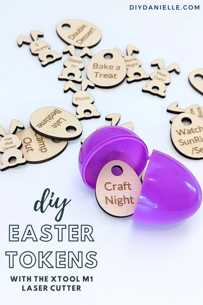 Easter Tokens in the shape of bunnies and Easter eggs that are kept on a chain necklace. These DIY Easter tokens are perfect as a non candy Easter egg filler.