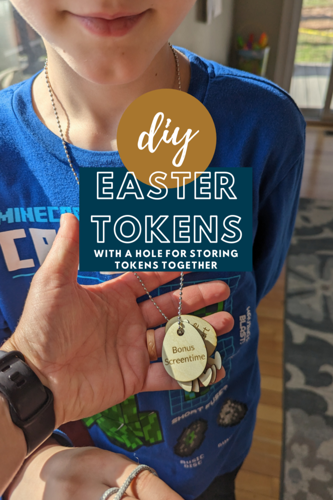 Easter Tokens in the shape of bunnies and Easter eggs that are kept on a chain necklace. These DIY Easter tokens are perfect as a non candy Easter egg filler.