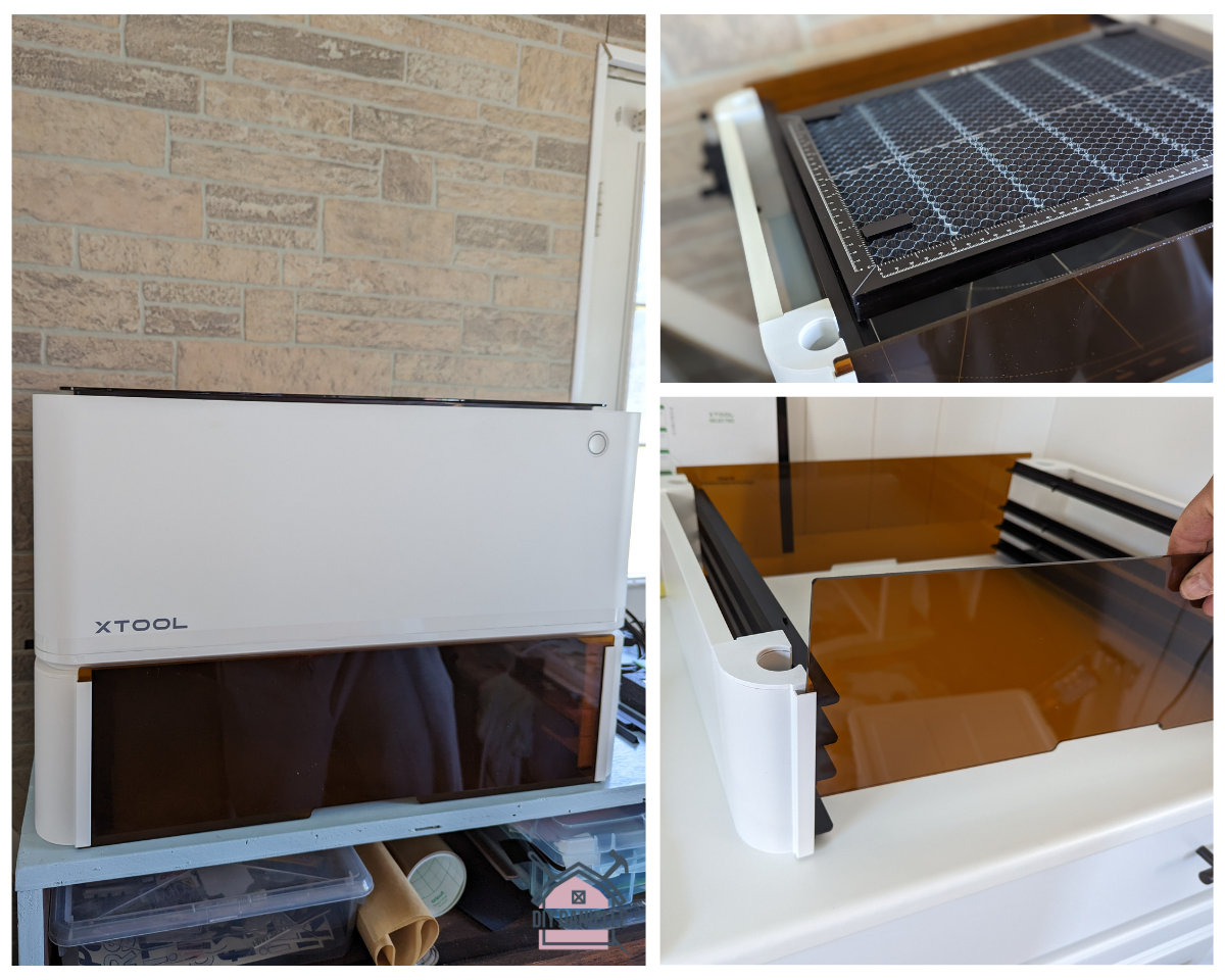 Honeycomb Riser setup process. 

Left Photo: Setup honeycomb riser with the xTool M1 laser cutter on top. Right top: honeycomb panel. Right bottom: Putting the honeycomb panel together.