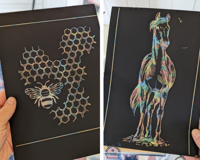 Scratch Paper Art made with a laser cutting machine. Left: Bee on "hives", Right: Horse sketch.