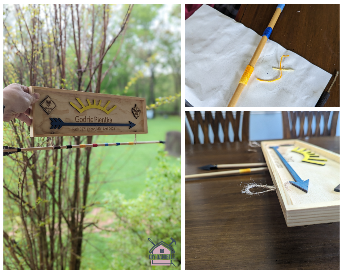 Three photos of our process for laser cutting and putting together our AOL Plaque for my son's Scouts bridging ceremony. Left photo: Completed Arrow of Light Plaque. Top Right: Wrapping embroidery thread around the arrow shaft. Bottom Right: Adding loops to the bottom of the plaque to hold the arrow.