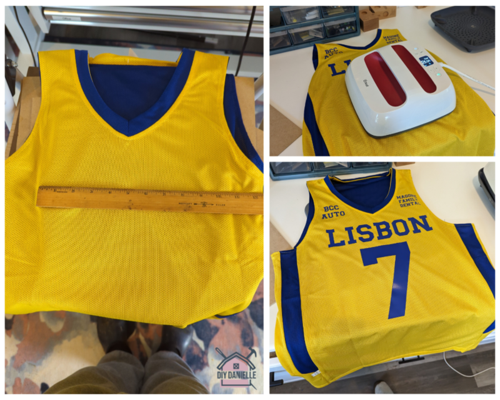 Before/During/After Photo of Iron On Vinyl Being Applied to a Basketball Jersey for a school fundraiser.