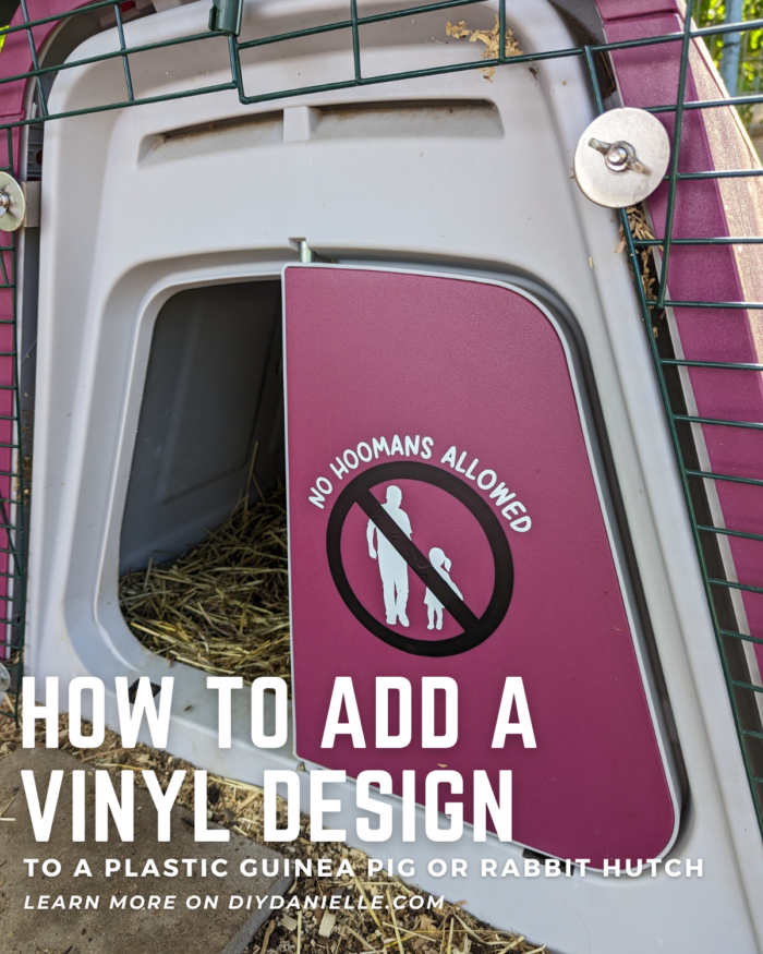 How to add a vinyl design to a plastic guinea pig or rabbit hutch. Learn more on diydanielle.com.

Photo: Pink guinea pig hutch with a "no hoomans allowed" sign on the hutch door. 