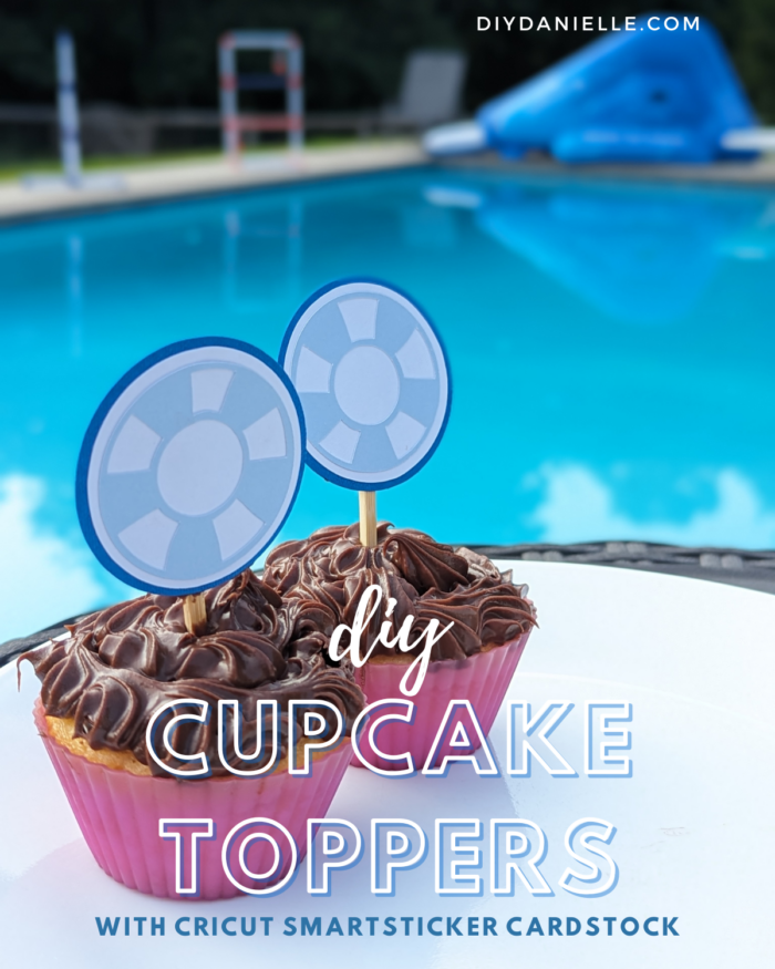 DIY Cupcake Toppers with Cricut's SmartSticker Cardstock. Dark blue cardstock backing, light blue pool float, and white backdrop. The cupcakes are posed in front of a pool.