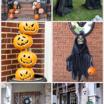 collage with 6 Halloween decorations for outside