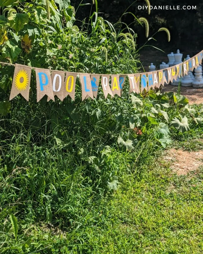 Pool Party Burlap Banner that says "Pool Party, Happy Birthday!"