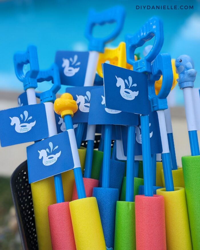 Pool party favors for a kid's birthday party.