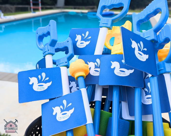 Pool Party Idea: Foam squirt toys with labels with each party attendee's name on it.