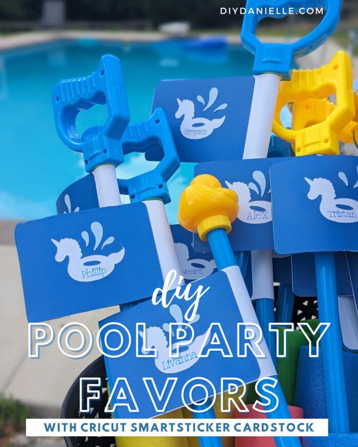 Create DIY pool party favors with easy tutorial. Use foam squirt toys, a Cricut, and Smart Sticker Cardstock to make these fun party favors. 