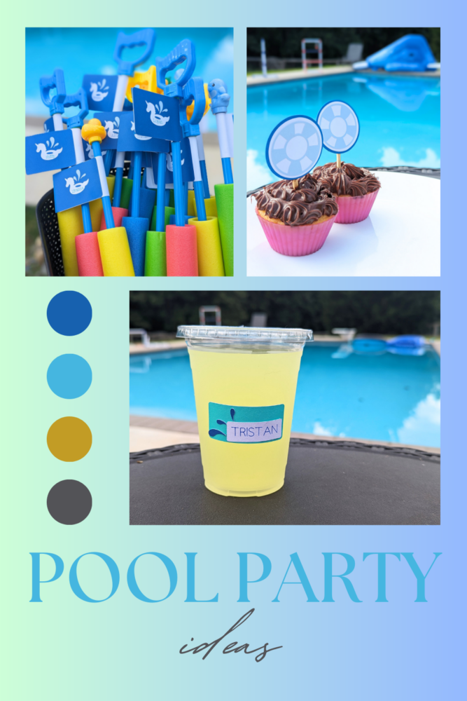 Image has a background with gradients of blue. The text says "Pool Party Ideas" and there are three pool party ideas in separate collage photos: one of some foam squirt toys with labels with each child's name (favors), one with cupcake toppers that look like pool floats, and one with a drink label for a clear cup with a top with a child's name on it. 