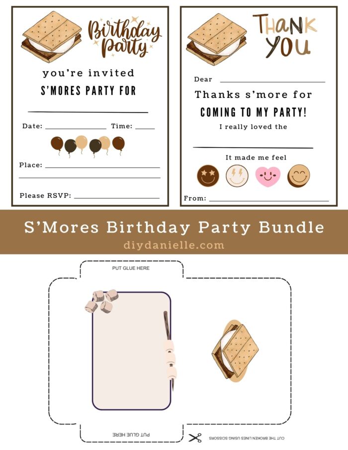 Printable s'mores birthday party bundle for a s'mores themed party. Includes custom envelope, thank you card, and invitations.