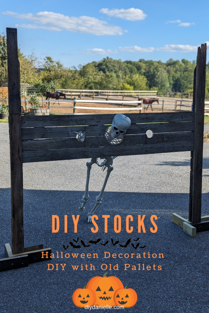 DIY Stocks: Halloween Decoration DIY with Old Pallets. How to make medieval stocks for Halloween decorations using old pallets. This is such a fun and easy project! Skeleton in the stocks with one hand out (he wasn't flexible enough for the spacing I used). Horse farm blurred out in the background.
