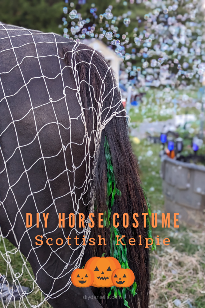 DIY Horse Costume: This Halloween costume is for a black horse. We dressed up our mare as a Scottish kelpie. This photo is of the hind end of a black horse. There is artificial seaweed in her tail and she has a fishnet draped over her. In the background are bubbles and blue lights.