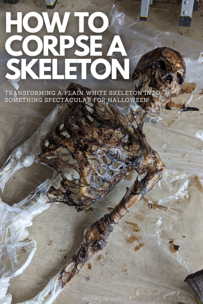 Photo of a corpsed skeleton skull: I melted the forehead first, added drop cloth plastic in layers, added stain, and let it dry. This transformed a pretty boring white skeleton into something that looks like a real skeleton that is in the process of decomposing.