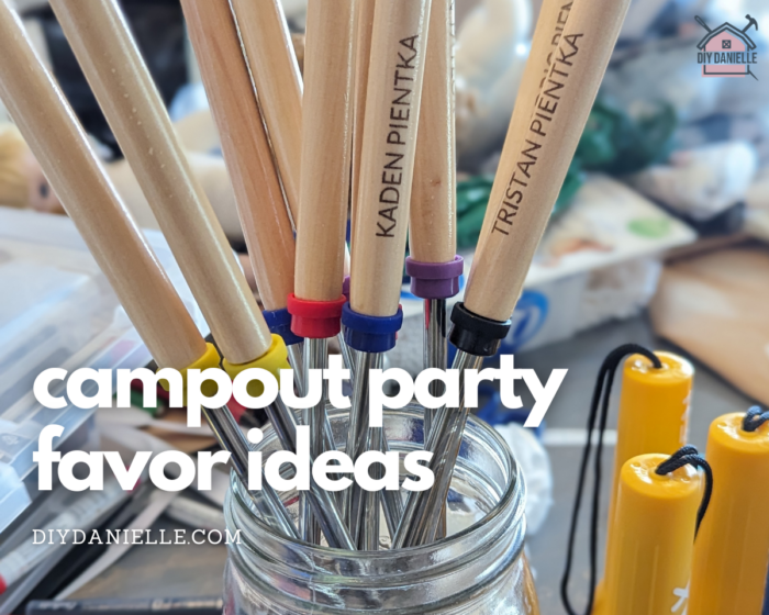 Campout Party Favor Ideas: Check out these cute party favors for a camping birthday party sleepover. Picture is a bunch of engraved roasting sticks with each child's name on them. They are all placed inside a clear mason jar. There are some customized flashlights in the background.