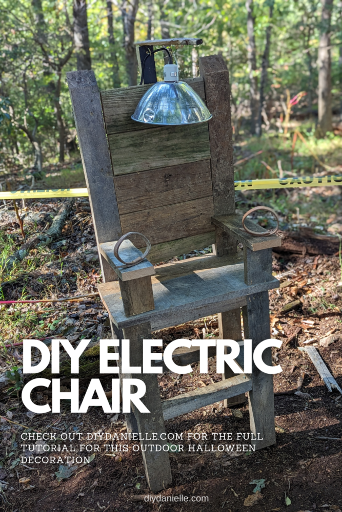 How to make a DIY electric chair prop. This outdoor Halloween decoration is made out of lots of aged scrap wood! 

Image: Photo of a fake electric chair setup in the woods with caution tape behind it. There are closed straps for holding the arms down, and an electric 'hat' made from a chicken brooder heat lamp for the heat piece. The wood is all old and looks aged.

Text: DIY Electric Chair, Check out DIYDanielle.com for the full tutorial for this outdoor Halloween decoration.