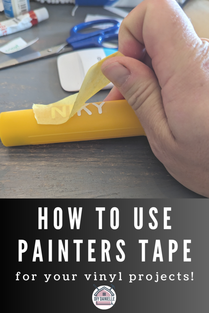 How to use painters tape for your vinyl projects. Everything you need to know about the difference between painters tape and transfer tape, and how you can use painters tape to transfer vinyl! Photo of yellow painters tape being used to transfer a name onto the surface of a yellow flashlight. There is a Cricut tool and scissors in the background.