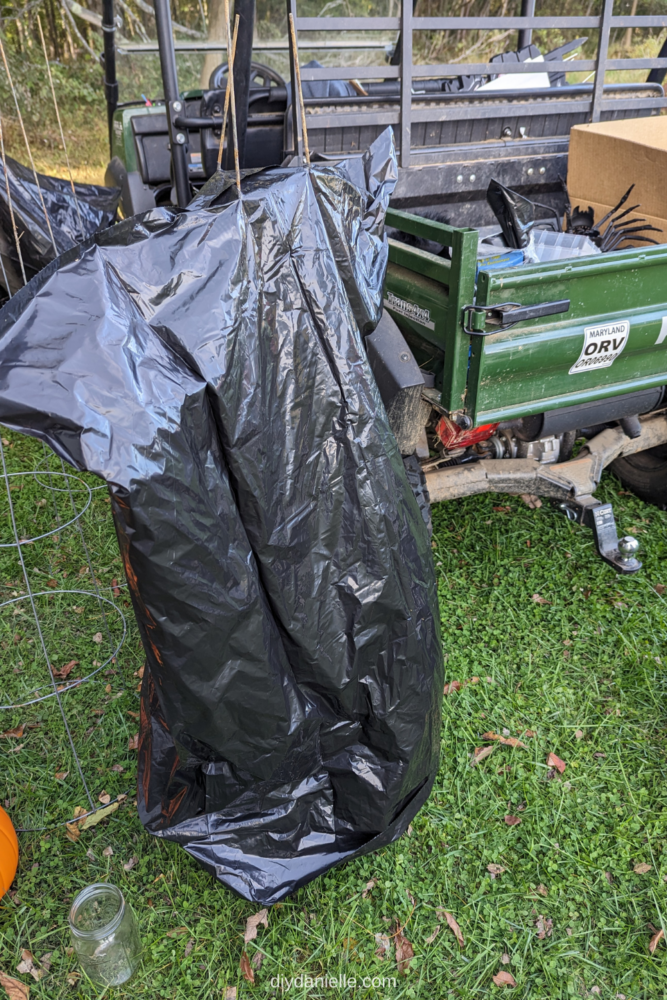 Black plastic bag flipped upside down over a tomato cage.