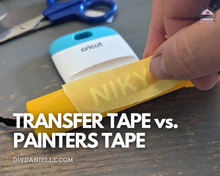 Transfer Tape vs. Painters Tape: Everything you need to know about the differences, and how you can use painters tape to transfer vinyl! Photo of yellow painters tape being used to transfer a name onto the surface of a yellow flashlight. There is a Cricut tool and scissors in the background.