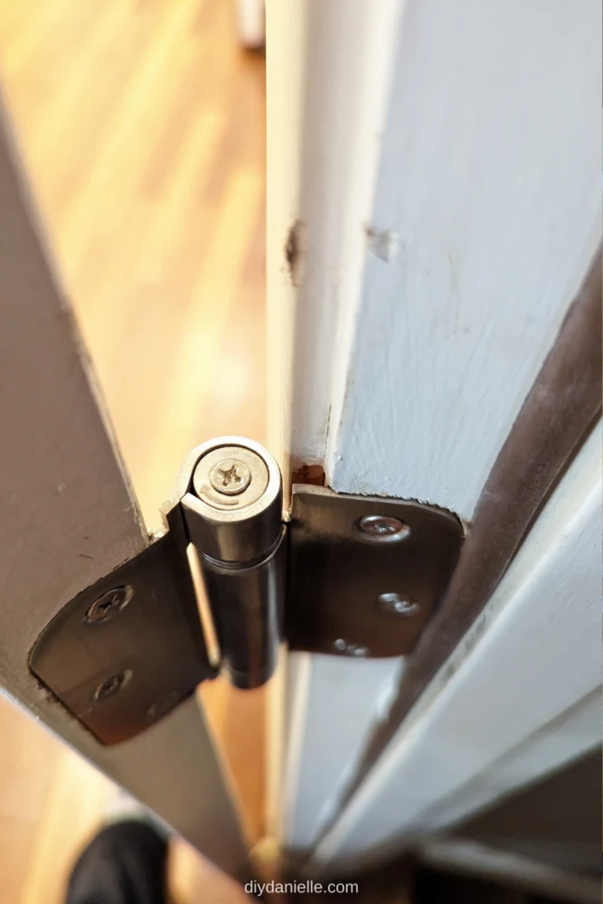 As seen in the photo, the door hinge has a small screw at the top of the hinge. This can be removed to tighten the door tension.