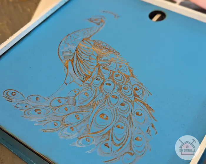 The lid and bottom of the box are cut using the laser cutter, then engraved using the laser’s engraving setting. This box is painted blue then engraved with a peacock.