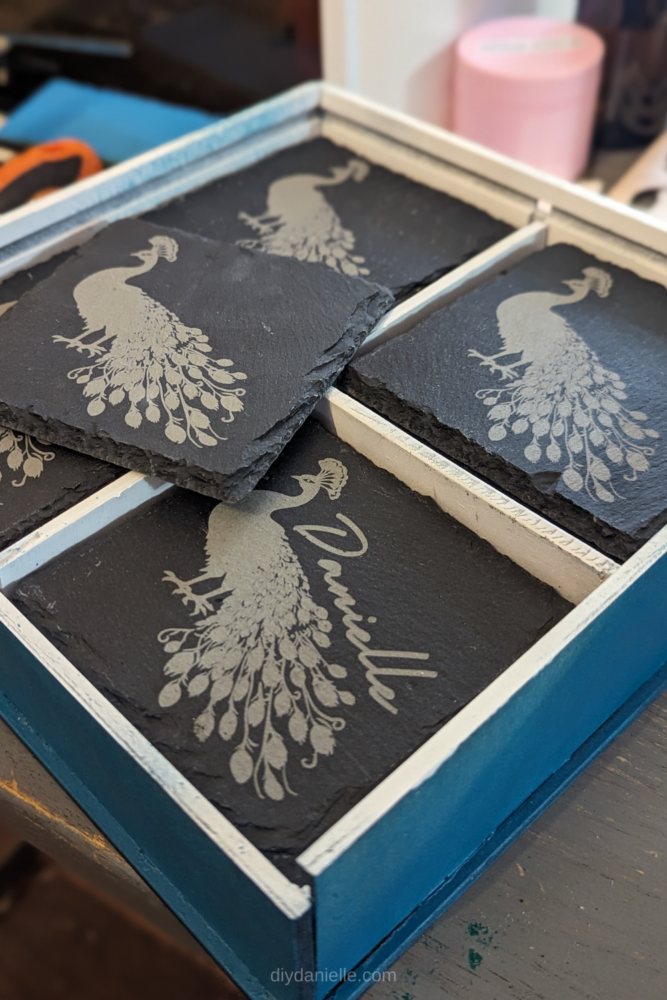 The coasters can also be engraved with the laser. I engraved these coasters with the same image of a peacock as the coaster box lid.