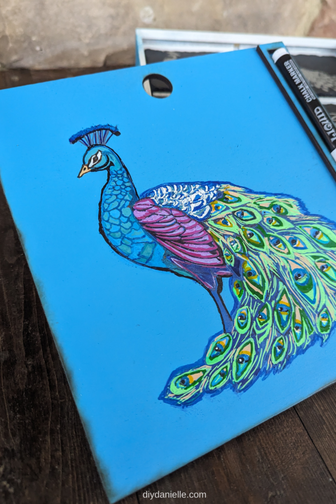 DIY Coaster Box with a Peacock on the cover. The cover slides on and off easily for accessing your coasters. There's a spot to place a chalk marker on the top. The chalk marker allows you to write names on your coasters to mark where people are seated.

This photo is a close up of the colorful and bright custom lid on the coaster box.