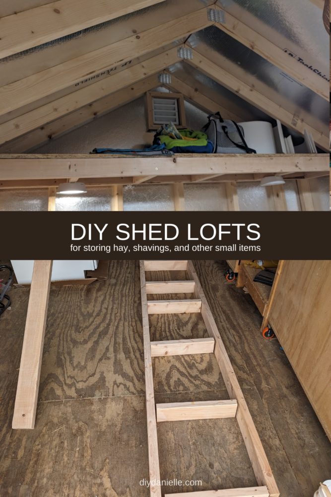 Text: DIY Shed Lofts for storing hay, shavings and other small items. 

Top photo: finished loft with items stored on top.

Bottom photo: wood lined up for the base of the loft.