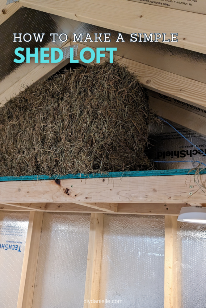 How to make a simple shed loft: a photo of a close up of our shed loft with half a bale of hay on it. There are motion activated lights underneath.