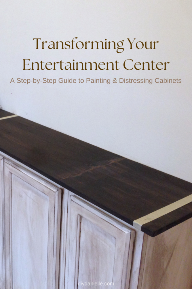 Transforming your entertainment center: a step by step guide to painting and distressing cabinets. Photo of a distressed white kitchen cabinet with dark stained countertop.