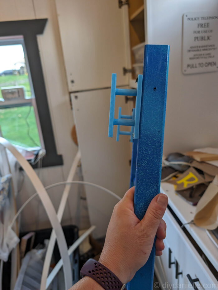 Brackets that I 3D printed to use for hanging the blanket ladder far enough from the wall to leave room for the blankets/towels.