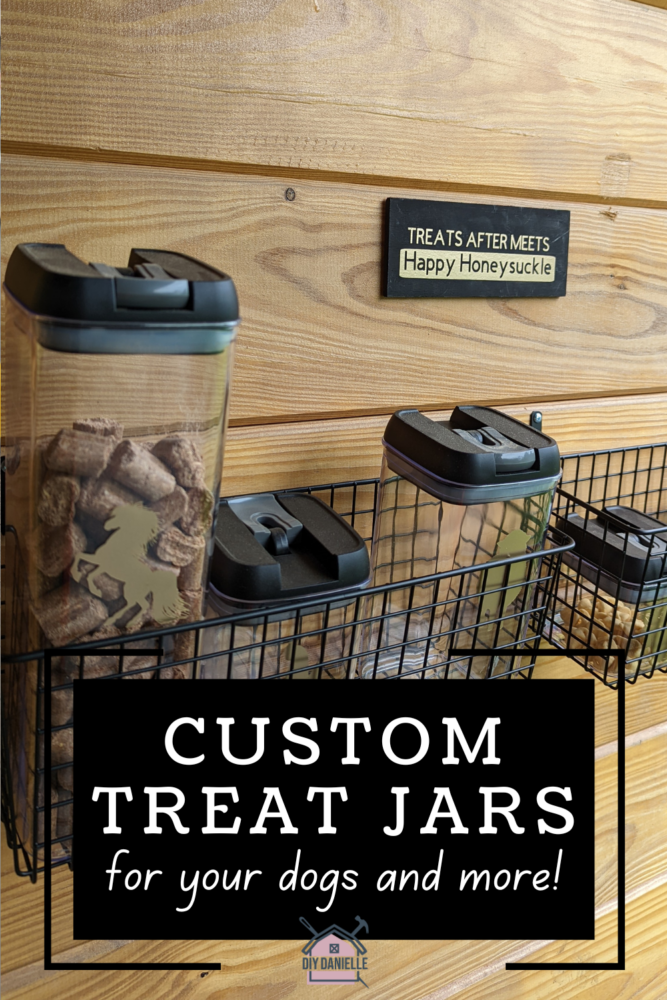Custom Treat Jars for your dogs and more! This photo has my treats after meets sign hung up and custom plastic treat containers sitting in wire shelving on the wall of my barn aisle. 