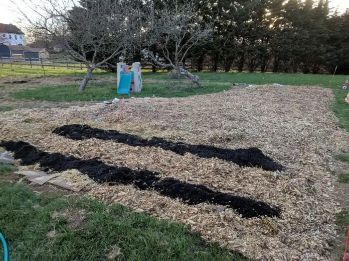 Garden bed showing wood chips spread as mulch with compost soil for planting food forest crops.