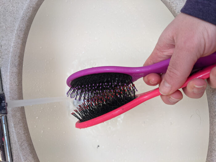 Using two brushes to remove the excess hair from each other.