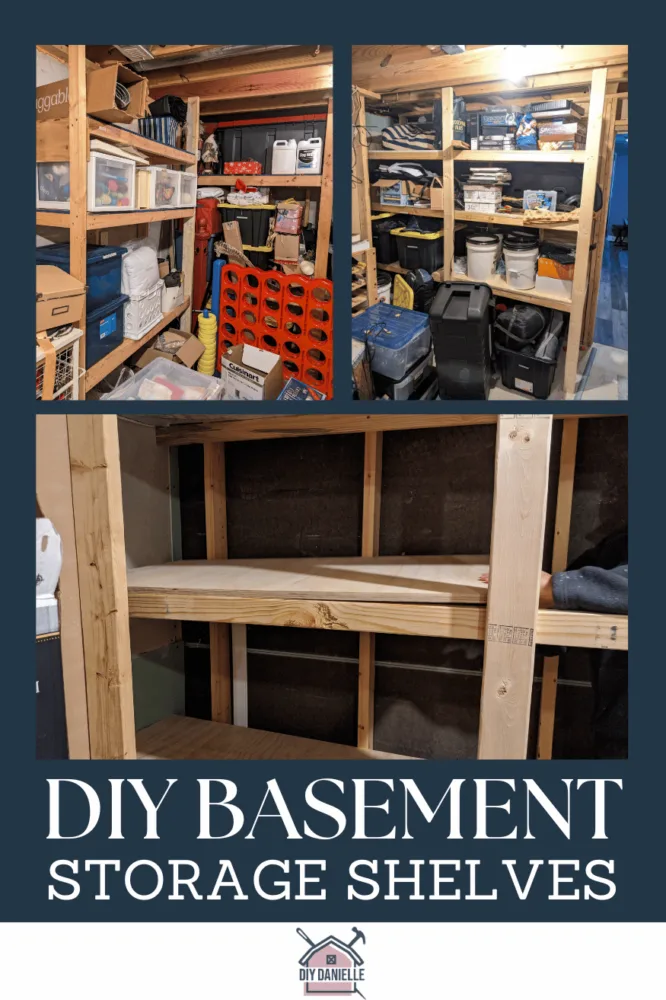 DIY Basement Storage Shelves: Photos of putting shelves in and also two photos of the shelves in action in our basement. The shelves are cluttered and store board games, lots of large plastic storage bins, and 5 gallon buckets with lids.