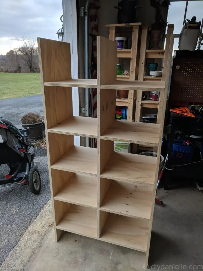 a 6 layer diy closet system for shared kid's room. a finished product that is ready for installment.