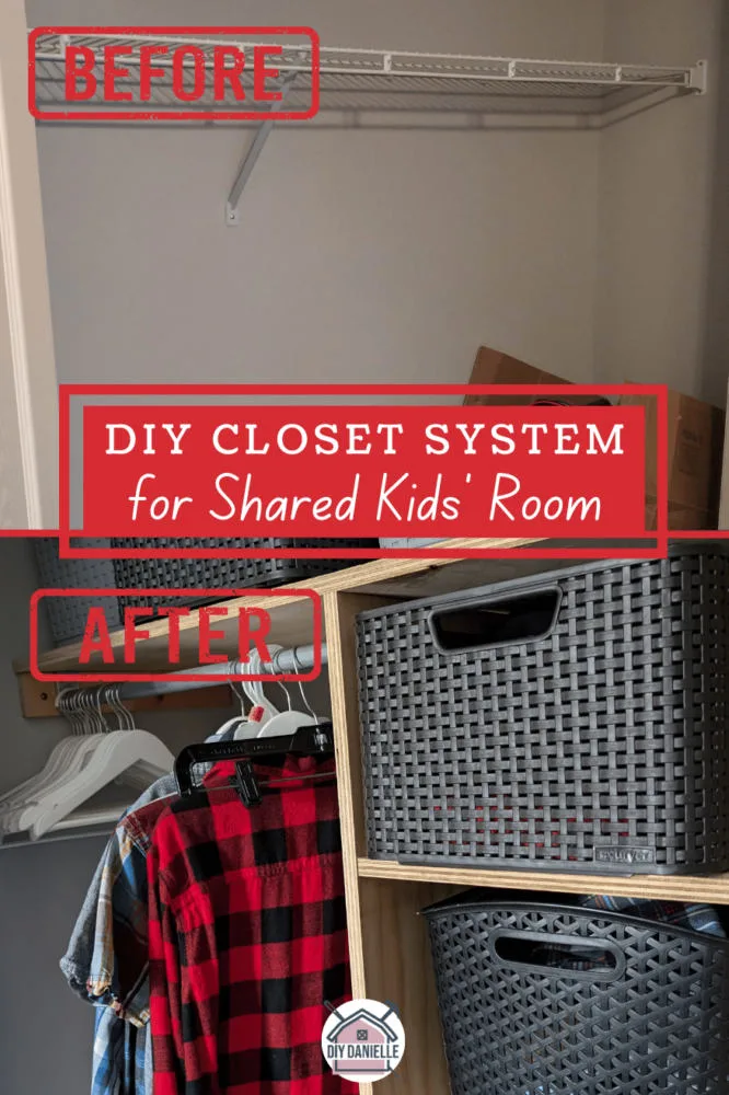 DIY Closet System for Shared Kids' Room: Before and After photos of a messy closet vs. organized closet with shelving for plastic bins.