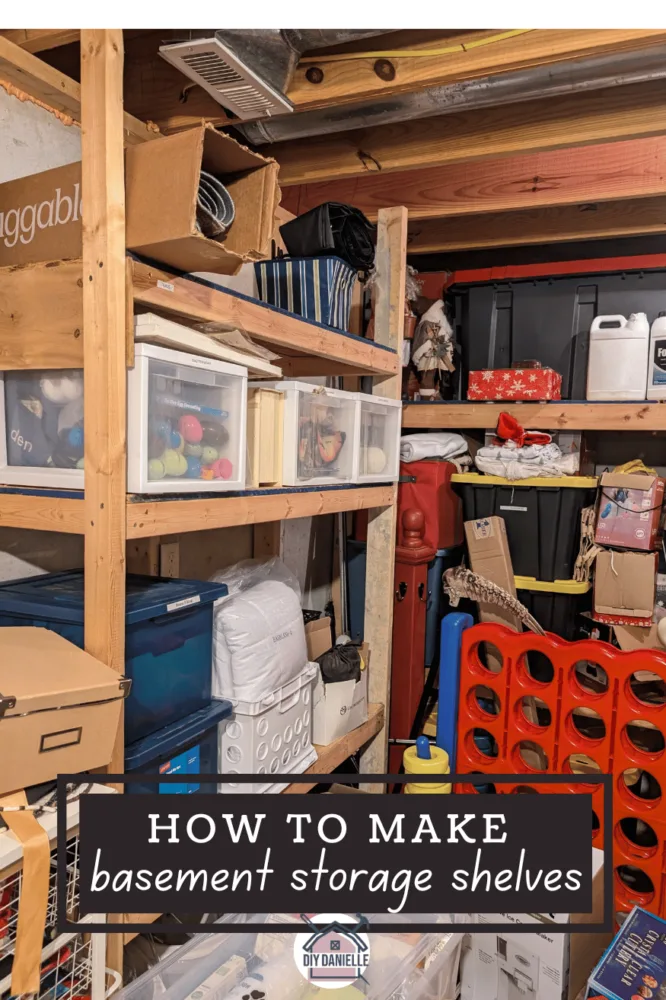 How to make Basement Storage Shelves: Photo of shelves with large plastic bins stored on them and other items.