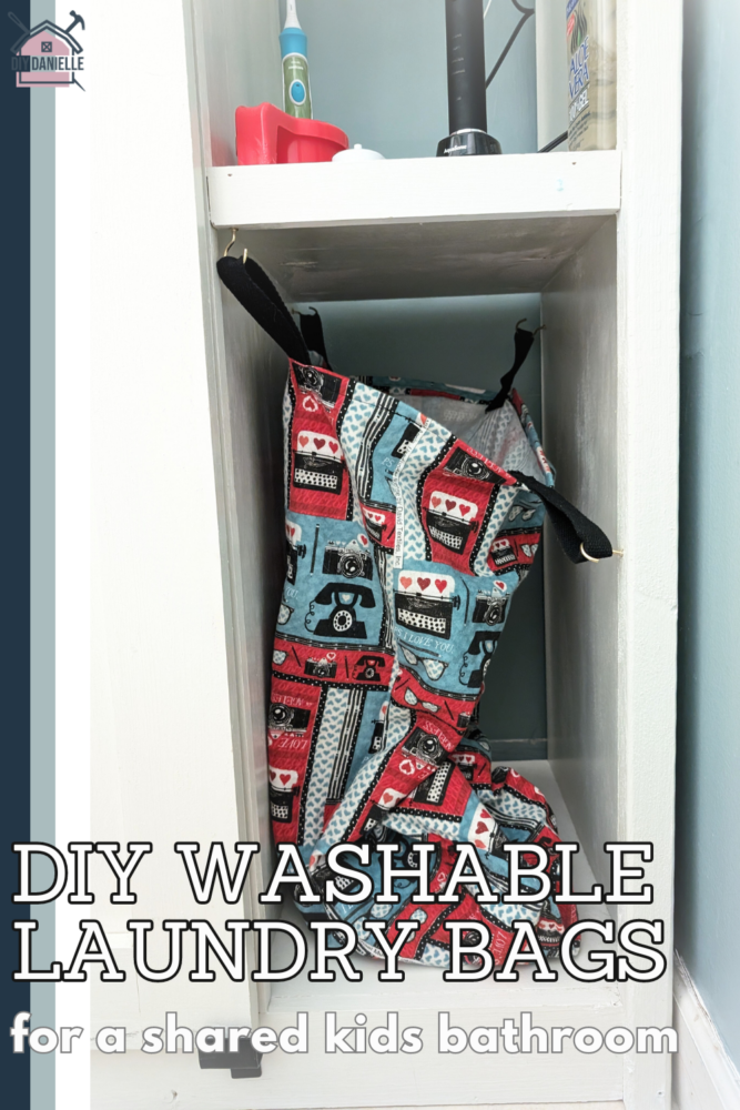 DIY Washable laundry bags for a shared kids bathroom. Bag fabric has vintage items like a phone, typewriter and camera in reds, blues and blacks.