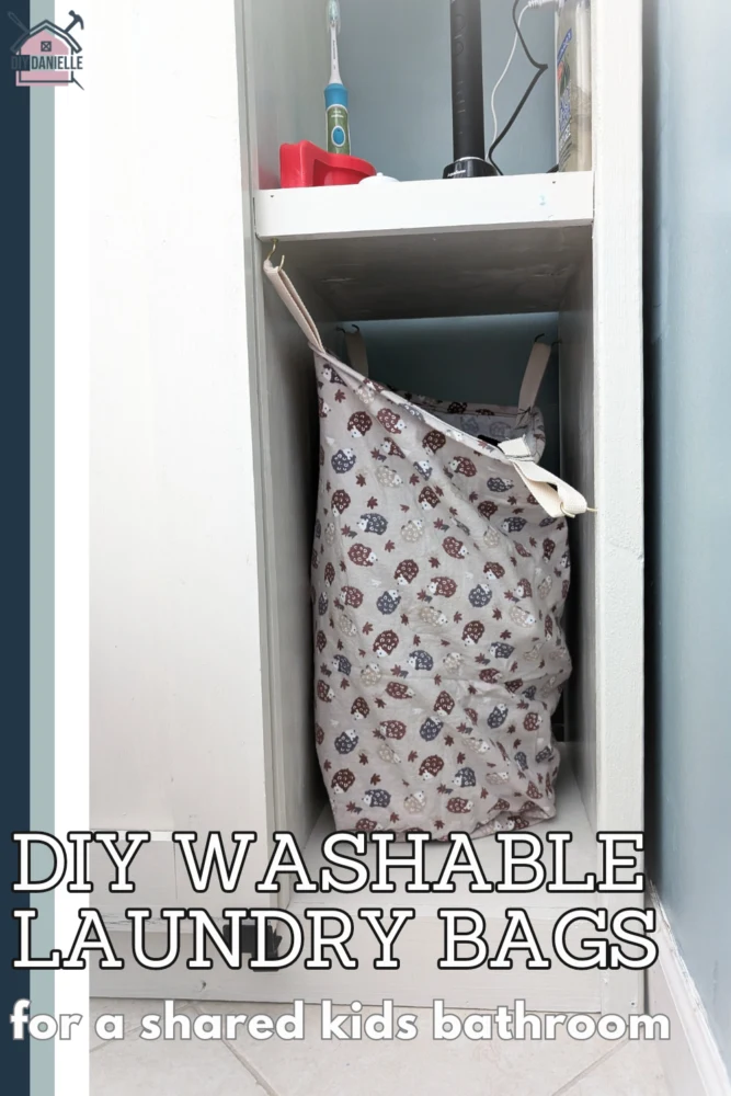 DIY Washable laundry bags for a shared kids bathroom. Bag fabric has cute hedge hogs on it in hues of browns and grays.