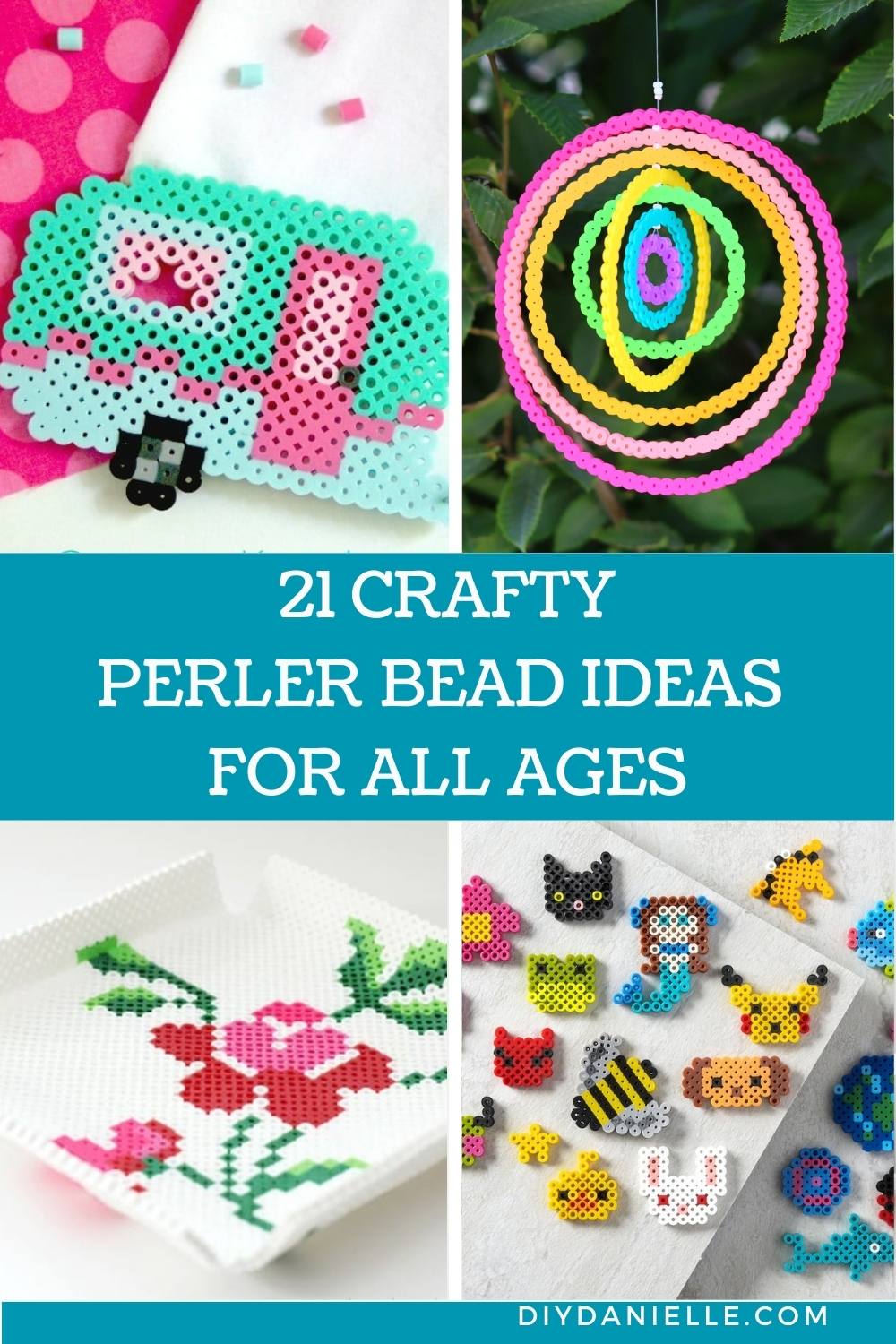 collage with 4 images of perler bead crafts with text overlay