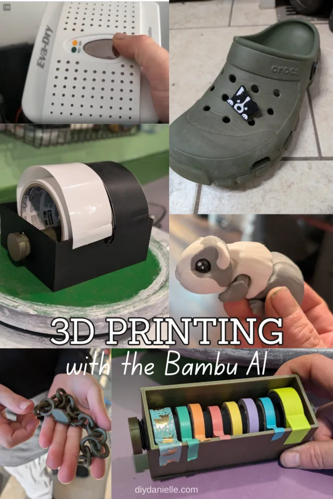 Some of the 3D printing projects I've done with my Bambu A1, as well as a photo of the Eva-dry dehumidifier that I use to keep my filament dry.