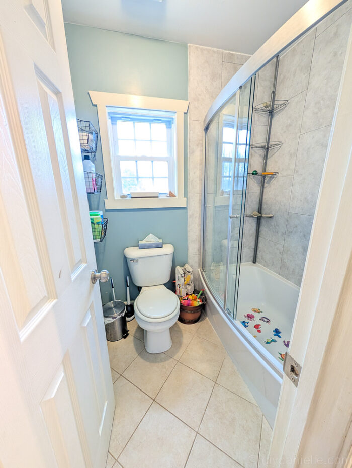 Redone shower/toilet area in the kids bathroom. We added a window for extra light.