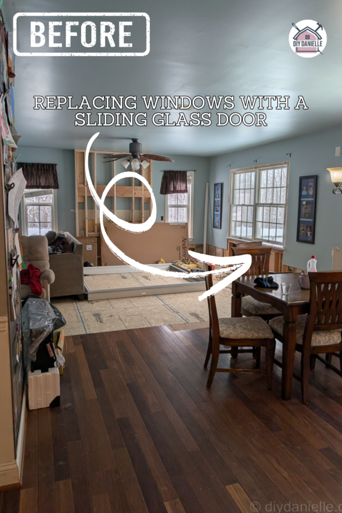 Before Photo: Two large windows in a living room that are side by side. We replaced these with a sliding glass door.