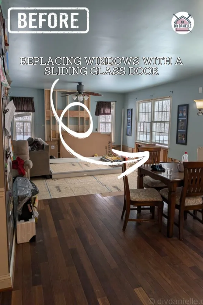 Before Photo: Two large windows in a living room that are side by side. We replaced these with a sliding glass door.