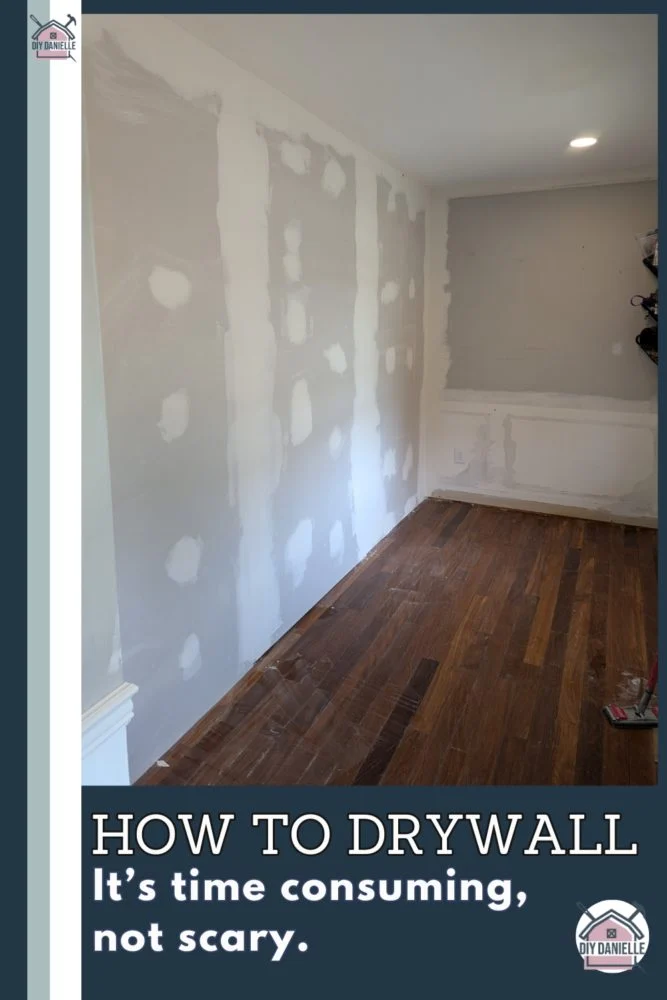 Photo of finished drywall (mud only). Text says: How to Drywall, It's time consuming, not scary.